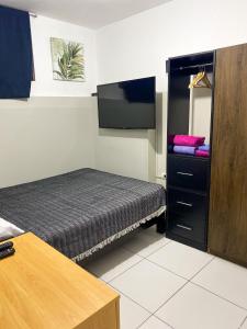 利马Apartamento Independiente 1 dormitorio cama Queen的一间小卧室,配有一张床和一台平面电视