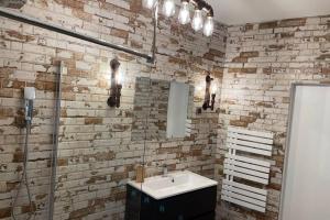 尼特拉Newly renovated 2 rooms apartment downtown Nitra的一间带水槽和砖墙的浴室