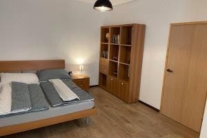 尼特拉Newly renovated 2 rooms apartment downtown Nitra的一间卧室设有一张床和一个书架