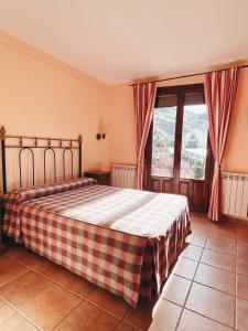 阿尔巴拉辛Hotel Valdevécar的一间卧室配有一张带 ⁇ 子毯子的床