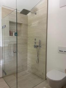 圣吉尔根Modern Living Sankt Gilgen的浴室里设有玻璃门淋浴