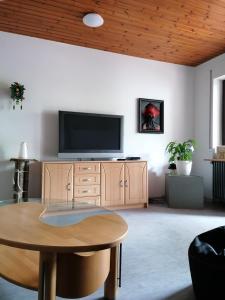 SteinenSchwarzwald Appartement的一间带电视和木制天花板的客厅