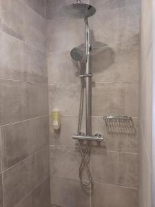 萨尔茨堡Apartments by Pension Ballwein的浴室内配有淋浴和头顶淋浴