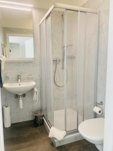 贝林佐拉甘珀酒店的带淋浴、盥洗盆和卫生间的浴室