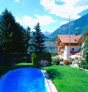 纳图尔诺Gasthof Weisses Kreuz的一座带房子的庭院内的游泳池