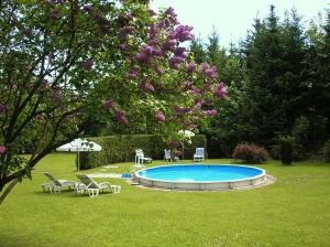 沃尔特湖畔韦尔登潘森费佛多否酒店的一个带椅子和一棵树的庭院内的游泳池