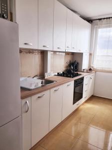 蒂米什瓦拉Forest Apartment Timișoara的厨房配有白色橱柜和水槽