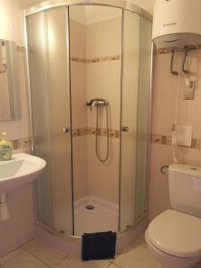 日亚尔Penzión pod Barancom的带淋浴、卫生间和盥洗盆的浴室