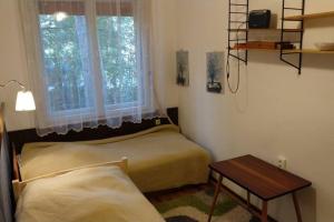 巴拉顿扎佐Önálló nyaraló Balatonszárszón的一间卧室设有两张床、一张桌子和一个窗口