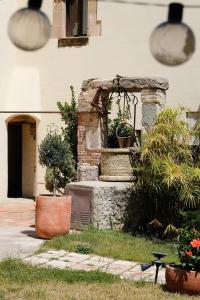 阿莱利亚Masia del siglo XIV cerca de Barcelona的一座拥有石头喷泉和盆栽植物的花园