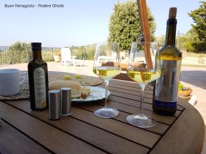 蒙泰斯佩尔托利Podere Ghiole的木桌旁放两杯白葡萄酒