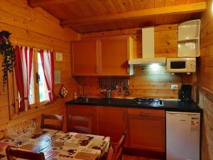 波尔莱扎Chalet Lake Lugano, Vienna 18的厨房设有木墙和桌子及四柱床