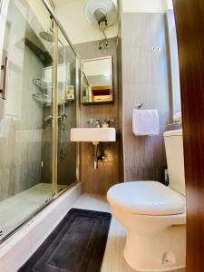 瓦莱塔Maltese town house的浴室配有卫生间、盥洗盆和淋浴。