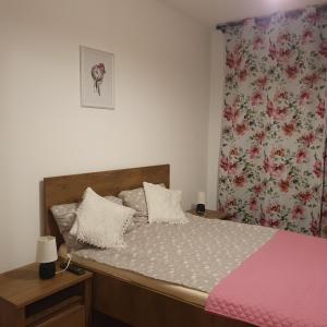 蒂米什瓦拉Forest Apartment Timișoara的一间卧室配有一张带粉色毯子的大床