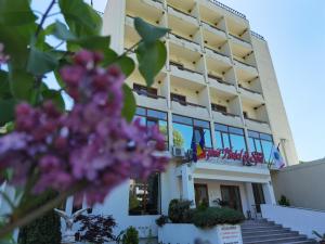 萨拉他蒙蒂鲁Hotel Spa Cazino Monteoru的前面有旗帜的建筑