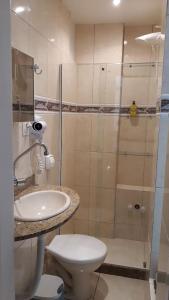 里约热内卢Quitinete ACONCHEGANTE的带淋浴、盥洗盆和卫生间的浴室