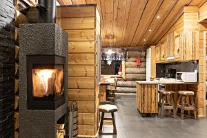 萨利色尔卡极光小屋度假屋的带壁炉的客厅(位于木屋内)