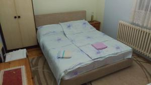 维舍格勒Prenoćište Dika的卧室内的一张床铺,配有紫色床单和书籍
