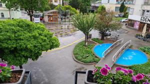 皮耶什佳尼City Hotel的享有街道美景,设有长凳和鲜花