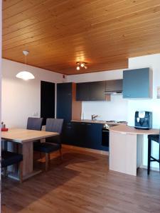 斯拉德明Alpensicht的厨房设有木制天花板和桌椅