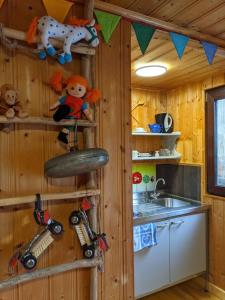 瓦尔德-米谢尔巴赫Waldnest Odenwald - Waldhauszimmer的厨房设有木墙、带玩具的架子和水槽