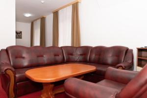 奥托查茨米尔尼库塔克酒店的客厅配有真皮沙发和桌子