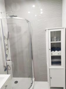 雷达Aqua Blue Apartament的带淋浴和橱柜的白色浴室