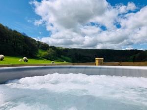 DarowenMid Wales Luxury Huts的田野里满是雪的羊的浴缸