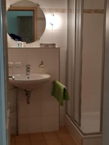 巴特尚道Kurparkstübl Bad Schandau的浴室配有盥洗盆和带镜子的淋浴