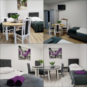 肯普诺Hostel Adabet的一张桌子和一张床的房间的四张照片