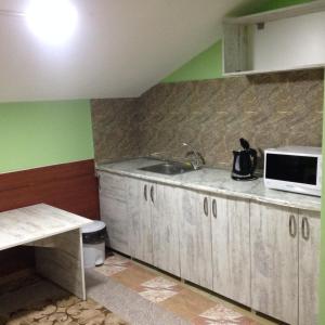 第比利斯Hostel Portal的厨房配有水槽和微波炉