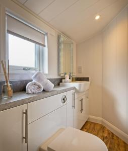 RingfordThe Pond Lodges Barstobrick的白色的浴室设有水槽和镜子