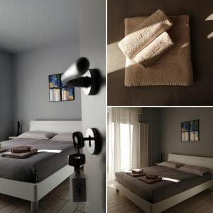 博尔戈马内罗Le3stanze的卧室两张照片,配有一张床和一盏灯