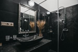 艾斯特根Room42 - Suites & Apartments的黑色浴室设有水槽和镜子