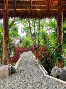 ArchidonaPacha Eco Lodge Glamping & Hotel的茅草屋顶花园的小路