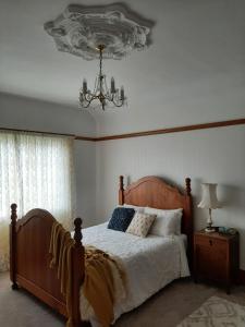 WaimateWainono Homestead的一间卧室配有一张床和一个吊灯