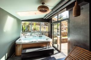杜什尼基-兹德鲁伊Villa Cam In Ski的带浴缸的浴室和大窗户