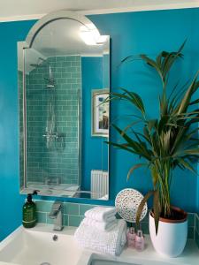 史云顿SW住宿加早餐酒店的浴室设有蓝色的墙壁和盆栽盆子