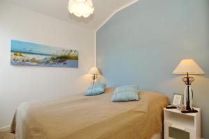 海利根达姆Residenz von Flotow Wohnung 16的一间卧室配有一张带蓝色枕头的床。