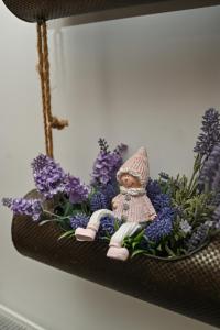 托考伊华斯克佩泽欧酒窖酒店的一块小娃娃,坐在一个布满紫色花的架子上