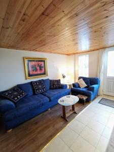 巴利马尼The Nook @ Rowan Tree Cottage的客厅配有蓝色的沙发和桌子