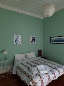 科英布拉Casa da Carqueja的一间卧室配有带毛巾的床