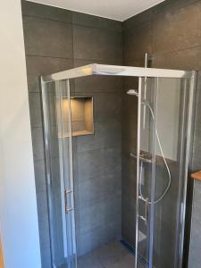 吕贝克Zentrale und schöne Ferienwohnung的浴室里设有玻璃门淋浴