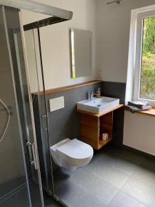 吕贝克Zentrale und schöne Ferienwohnung的浴室配有卫生间、盥洗盆和淋浴。