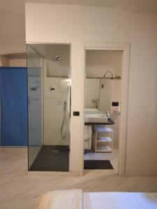 多尔切阿夸Casa Roberta的一间带玻璃淋浴和水槽的浴室