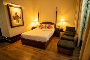 BelagulaRoyal Orchid Brindavan Garden Mysore的配有一张床和一把椅子的酒店客房