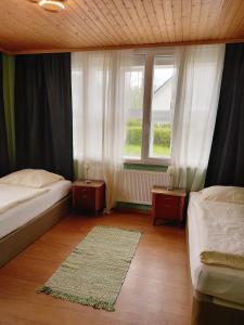 BöhlenHostel的一间卧室设有两张床、一个窗户和一个地毯。