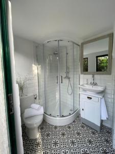 康斯基Robinson house Leticia的带淋浴、卫生间和盥洗盆的浴室