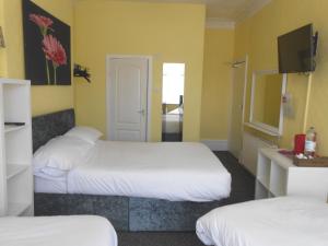布莱克浦Shore Stay Guest House的一间酒店客房,设有两张床和电视