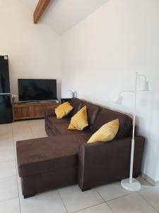瓦拉日丁Le Vers'AYE的客厅里配有带黄色枕头的棕色沙发